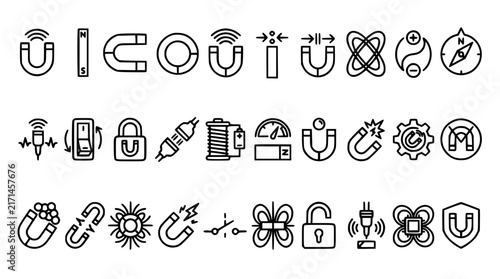 Fotografie Magnetism and electromagnetic physics line icon set featuring horseshoe magnets