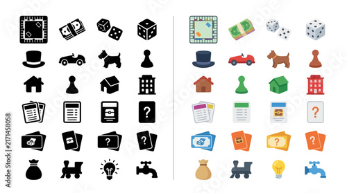 Foto Collection of Monopoly game icons in both color and black and white versions, representing game elements