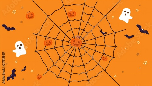 Halloween background with spider web ghosts pumpkins and bats on orange