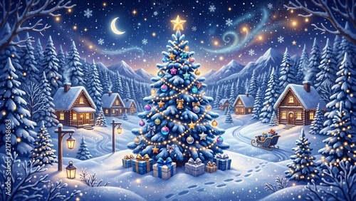 Magical winter wonderland landscape with a large decorated Christmas tree, snow-covered cabins, and starry night sky