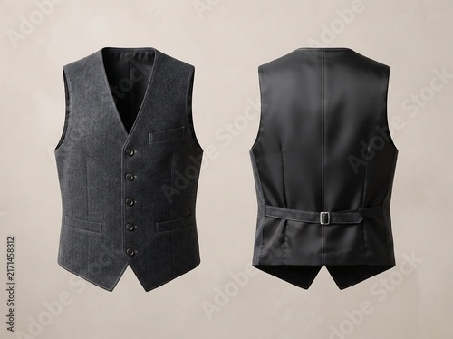 Elegant Charcoal Gray Men's Formal Vest Displayed with Front and Back Views on a Clean Neutral Background, Highlighting Classic Business and Event Attire