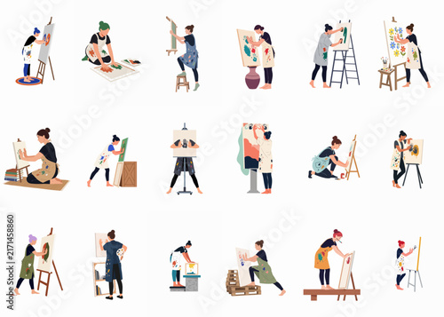 Collection of diverse female artists and painters in various creative poses and artistic processes, flat illustration style isolated on a white background.