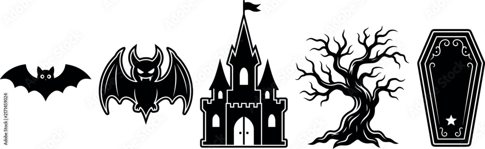 Fototapeta premium Halloween gothic silhouette set with bat, haunted castle, tree, and spooky moonlit scene vector