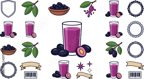  Organic Jamun Fruit Juice Vector Icon Sheet Featuring Fresh Purple Java Plum Beverage Glasses, Fruit Bowls, Splashes, and Vintage Café Ribbon Banners