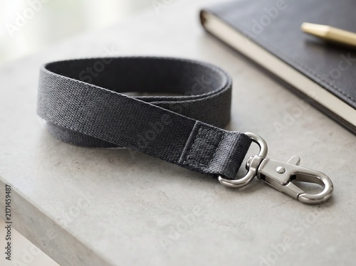 Grey fabric lanyard with silver metal swivel snap hook resting on a light grey surface next to a notebook
