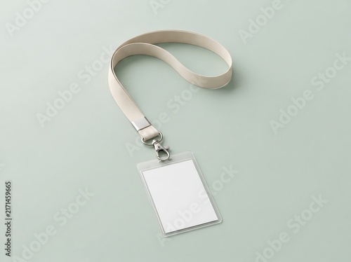 Blank Vertical ID Badge Holder With Simple Beige Lanyard For Corporate Staff Identification Mockup Set Isolated On Pastel Green Surface