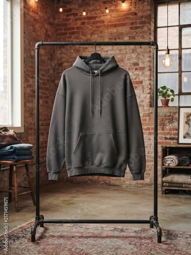Dark gray blank hoodie hanging on a metal clothing rack in a rustic loft studio with exposed brick walls