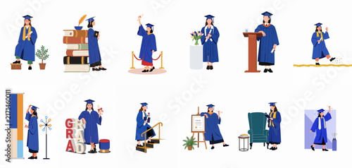 Set of diverse vector illustrations of a female graduate in a blue gown and cap, celebrating various milestones of academic achievement and success.