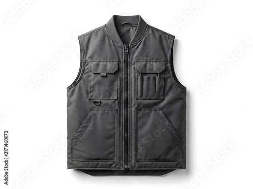 Sleek, functional charcoal gray padded vest with multiple pockets, displayed on a plain white background, perfect for outdoor activities or workwear