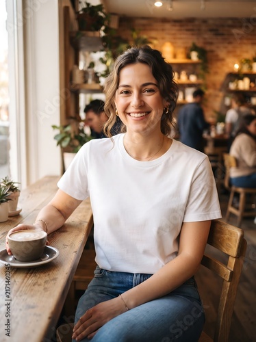 A charming young woman smiles while holding a coffee cup in a cozy, sunlit cafe, enjoying a moment of relaxation