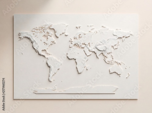 Minimalist white 3D world map relief wall art sculpture for modern interior design