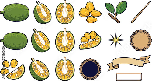 Organic Jackfruit Vector Asset Sheet Featuring Whole and Sliced Artocarpus Heterophyllus Fruits, Golden Seed Pods, Twig Leaves, and Vintage Recipe Ribbon Banners