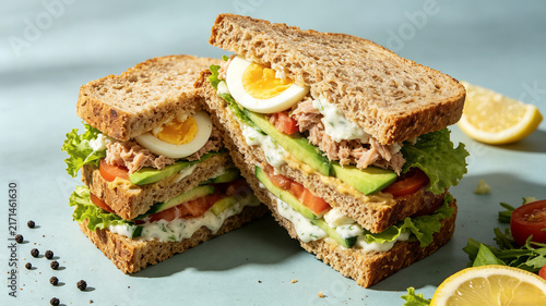 Tuna and egg vegetable sandwich with whole grain bread, avocado, tomato, lettuce and lemon on light blue table