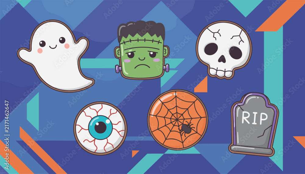 Fototapeta premium Cute Halloween sticker set featuring a ghost, Frankenstein, skull, eyeball, spider web, and tombstone.