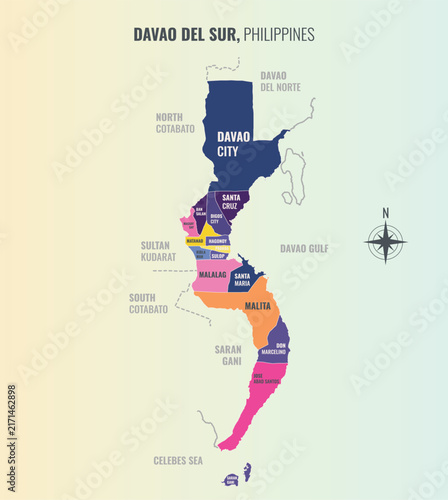 Davao del Sur Philippines Province into Municipality in a minimalist colorful style map showing