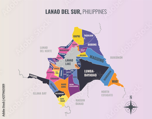 Lanao del Sur Philippines Province into Municipality in a minimalist colorful style map showing