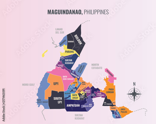Maguindanao Philippines Province into Municipality in a minimalist colorful style map showing