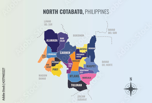 North Cotabato Philippines Province into Municipality in a minimalist colorful style map showing