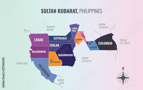 Sultan Kudarat Philippines Province into Municipality in a minimalist colorful style map showing