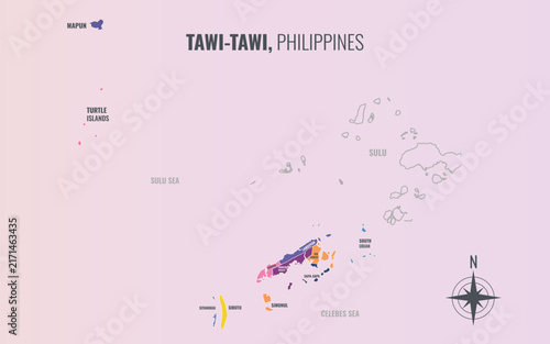 TawiTawi Philippines Province into Municipality in a minimalist colorful style map showing