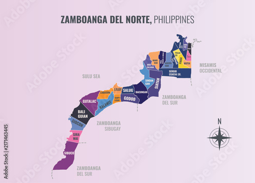 Zamboanga del Norte Philippines Province into Municipality in a minimalist colorful style map showing
