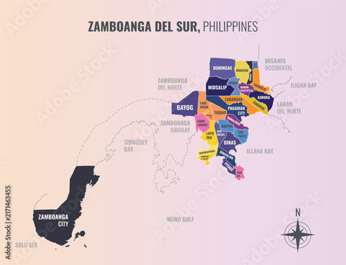 Zamboanga del Sur Philippines Province into Municipality in a minimalist colorful style map showing