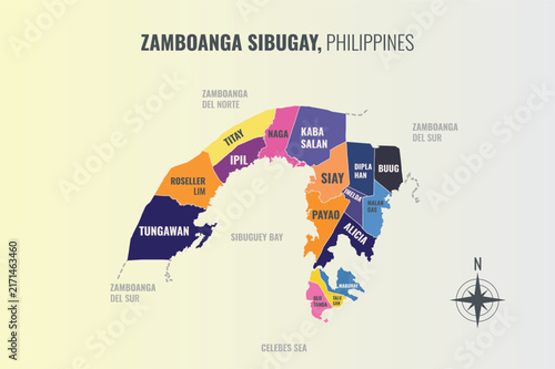 Zamboanga Sibugay Philippines Province into Municipality in a minimalist colorful style map showing