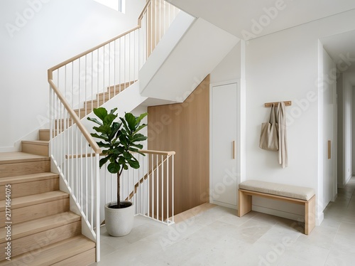 Modern minimalist hallway interior with wooden staircase and indoor potted plant