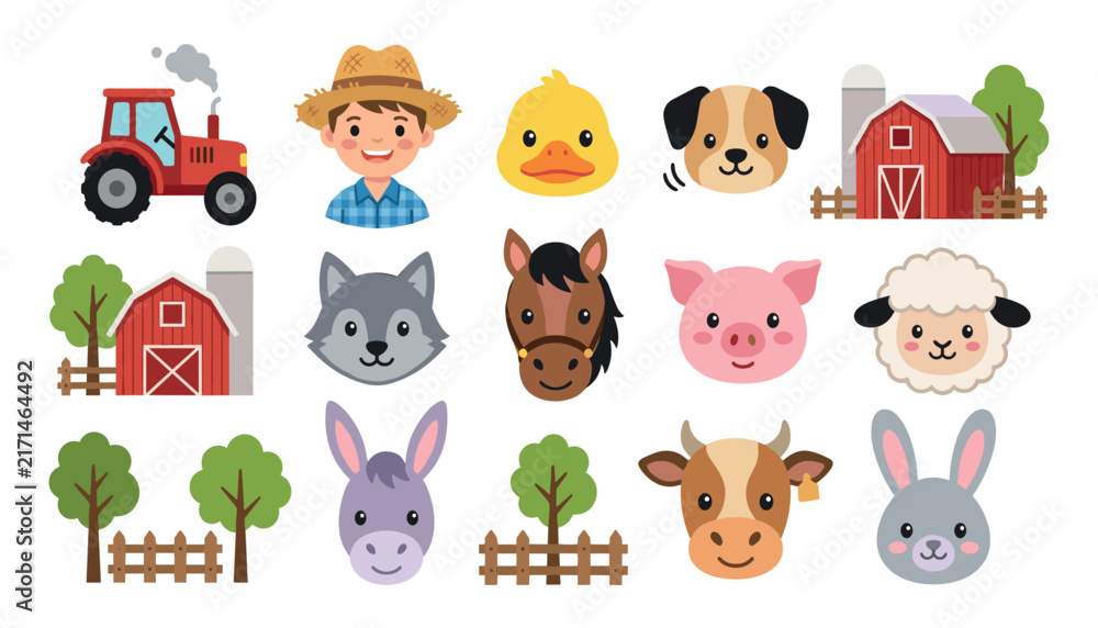Fototapeta premium Cute farm animals vector clip art set with cartoon farmer boy red tractor barn house and friendly domestic faces