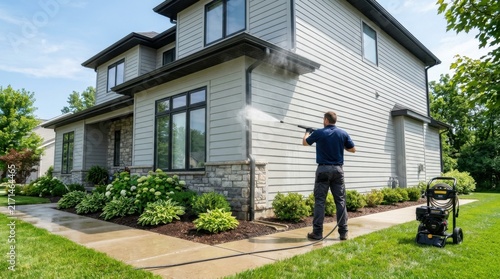 Rear view of man pressure washing gray vinyl siding on modern house exterior removing dirt and grime with cleaning equipment.