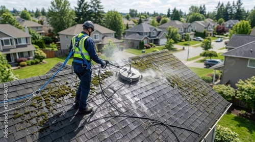 Roofer cleaning moss and dirt from shingles using specialized surface cleaner with pressure washer.