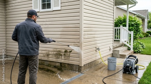 Worker power washing grimy vinyl siding on home exterior with high pressure water cleaning machine on concrete patio in daylight.