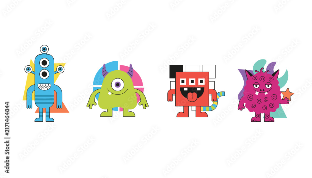 Fototapeta premium Row of four funny cartoon monster characters with distinct features in vibrant blue, green, red, and purple colors.