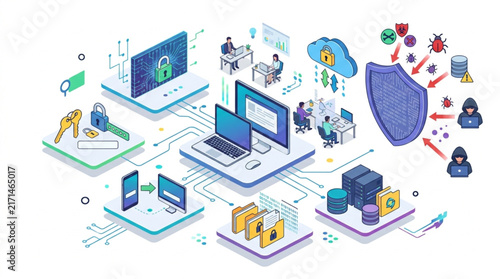 Cybersecurity network protection concept with data security, cloud storage, and threat defense systems