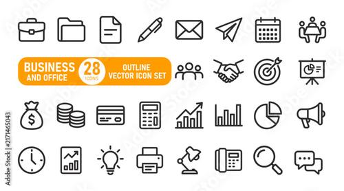 Business and office line art vector icon collection showing professional communication and management symbols
