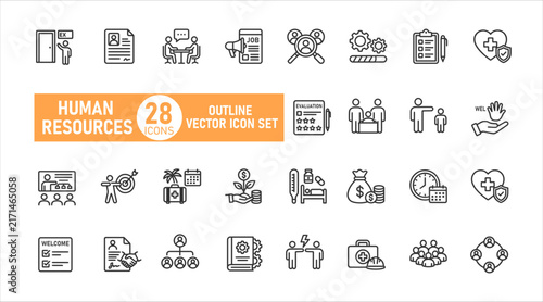 Human resources and personnel management line art vector icon collection showing workplace staffing with resources
