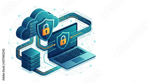 Digital data security concept with cloud storage, laptop, and server protection shields