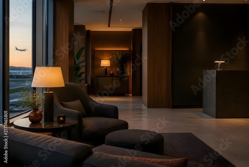 Luxury modern hotel lounge interior with warm ambient lighting and airport runway view