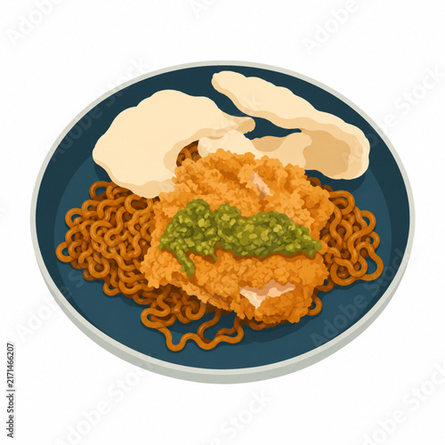Indonesian Fried Chicken Noodles with Green Chili Sambal and Prawn Crackers – Flat Food Illustration
