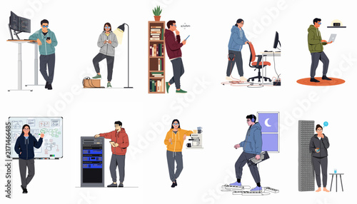 Set of flat vector illustrations featuring diverse people working in modern home office and professional workplace environments.