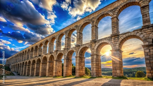 Majestic Roman Aqueduct Under Dramatic Sky and Sunset Glow