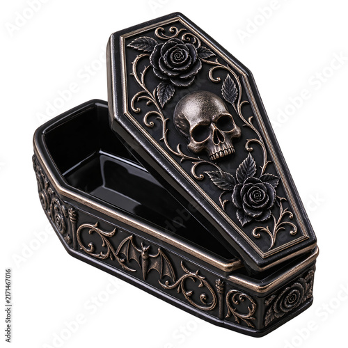 Halloween coffin trinket box with skull and floral relief isolated  
