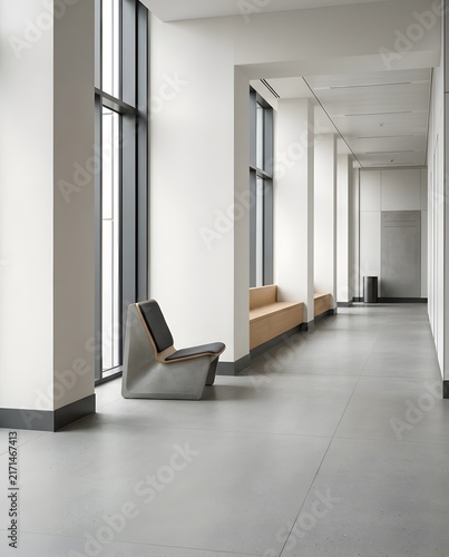 Modern empty office hallway interior featuring concrete chair and tall glass windows