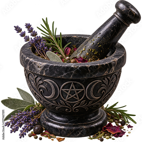 Halloween herbs and spices in a carved mortar and pestle  