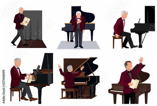 Canvas Print Professional elderly male pianist performing on a grand piano set of flat vector