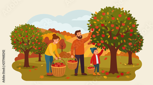 Family picking apples in an orchard during autumn, flat design illustration with warm colors and clear sky.