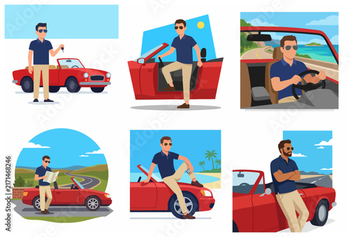 Flat vector illustration set of a young man traveling on a road trip with a red convertible car in various scenic locations.