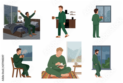 Set of flat vector illustrations of a man in green pajamas spending a cozy rainy day indoors at home