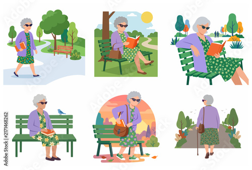 Set of flat vector illustrations of a senior woman enjoying various activities in a park, including reading on a bench, walking, and resting outdoors