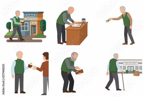 Elderly senior man participating in charity work and donating money to community center illustration set